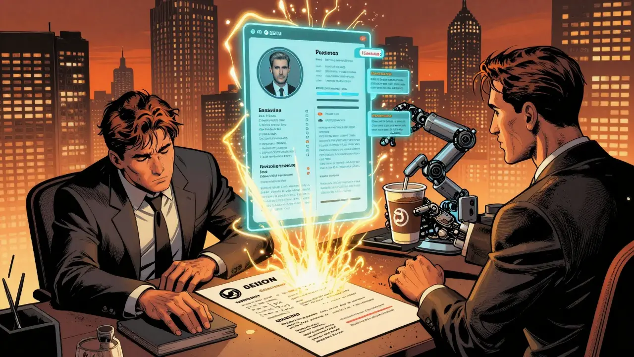 A handwritten resume transforms into a digital profile while a recruiter relaxes, surrounded by glowing job matches.