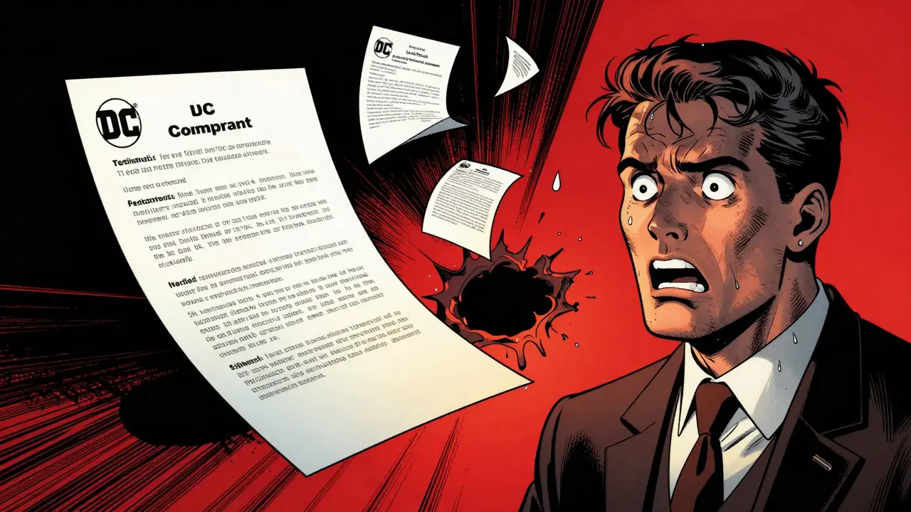 A lawyer watches critical contract clauses vanish in the middle as false clauses rise like ghosts.