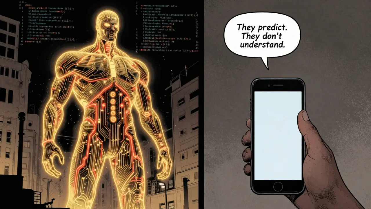 A massive AI model towering over a small smartphone, both generating text in comic book style.