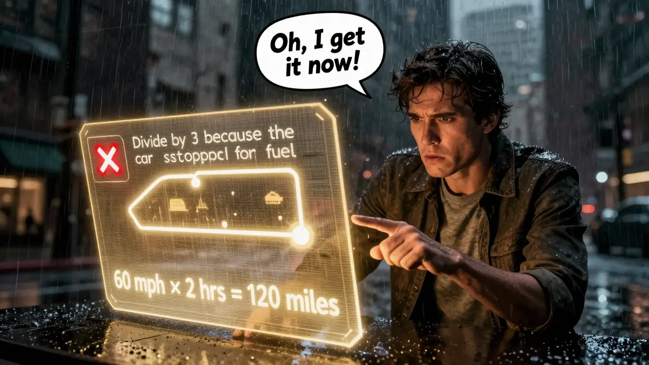 A user points at a hologram where false AI reasoning is crossed out, while a correct solution glows beside it.