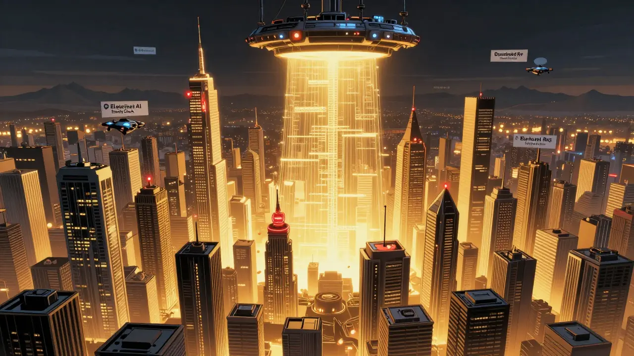 A vast cityscape of 128K tokens with glowing offset biases corrected by a golden field, in DC Comics style.