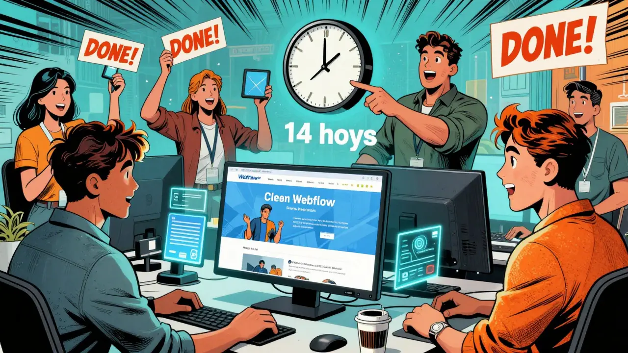 Agency team using AI to generate a client website in under two days with holographic interfaces.