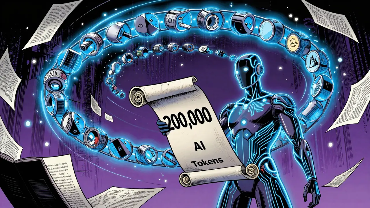 An AI assistant handling a 200,000-token scroll with rotating RoPE embeddings spiraling around it, in dynamic DC comic style.