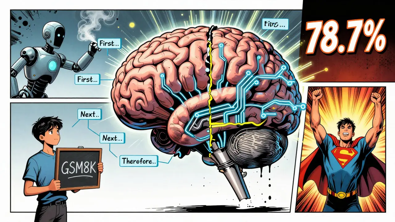 An AI brain split open showing reasoning steps in comic panels, with one panel displaying a 78.7% success score.