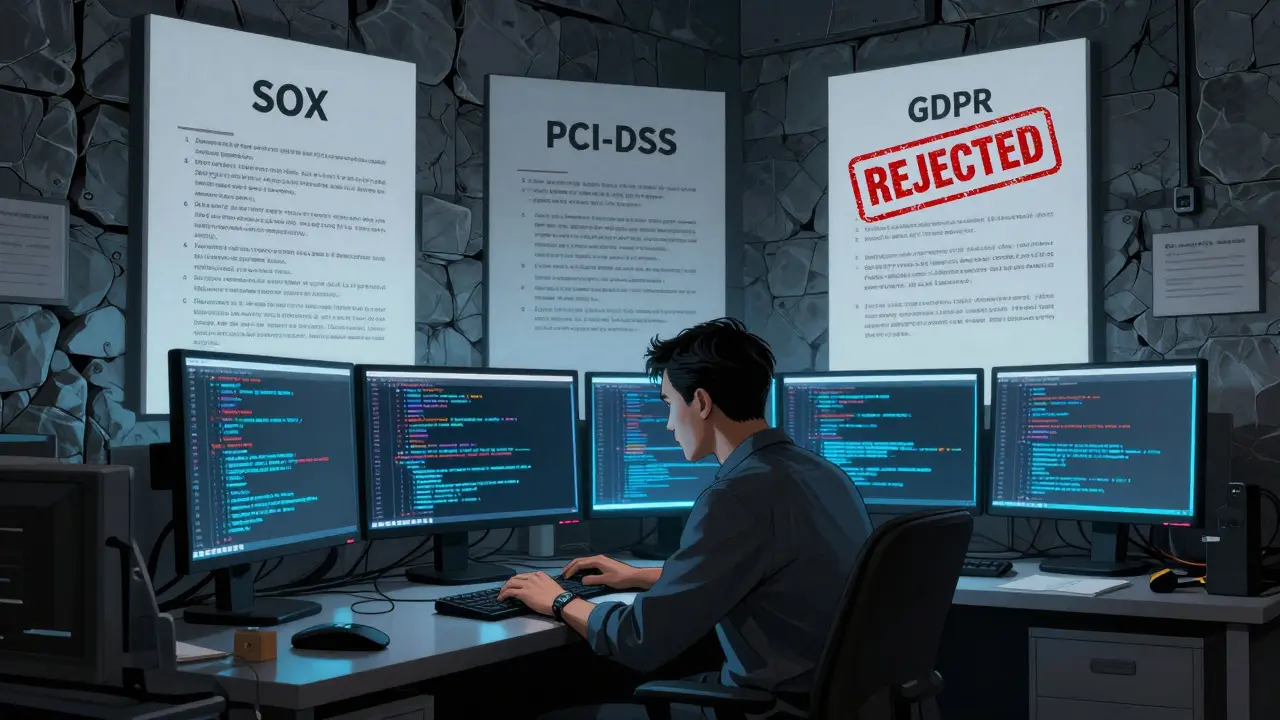 An engineer is surrounded by towering compliance documents as AI code scrolls uncontrollably on monitors.