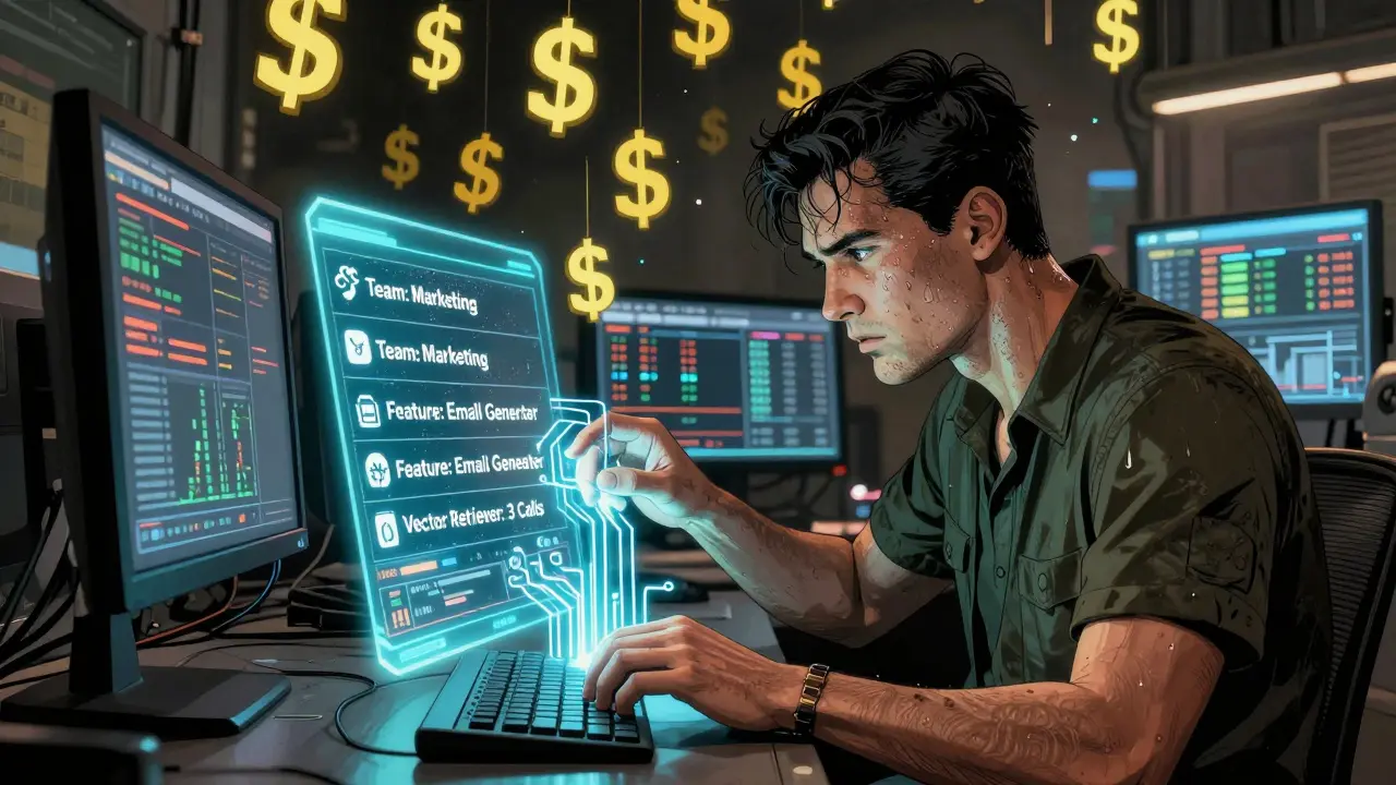 An engineer tags LLM requests with metadata on a holographic panel as dollar signs fall around them.