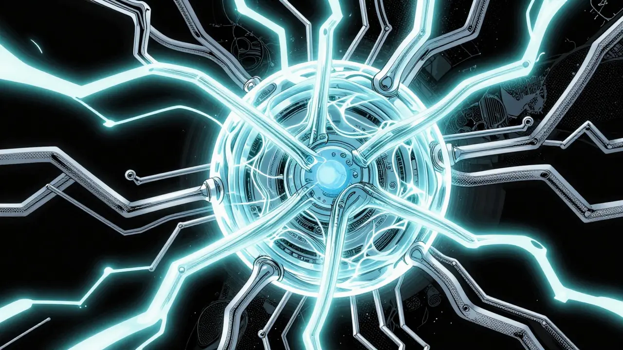 Blue energy loops through neural pathways inside a processor.