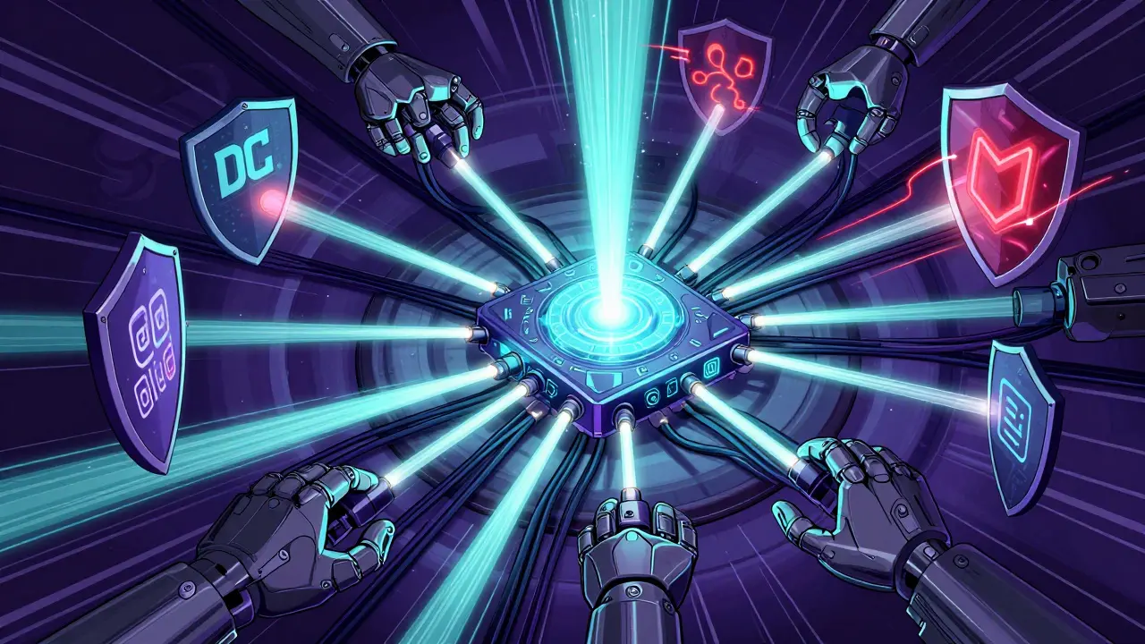 Central orchestration engine routing data streams through a glowing network hub