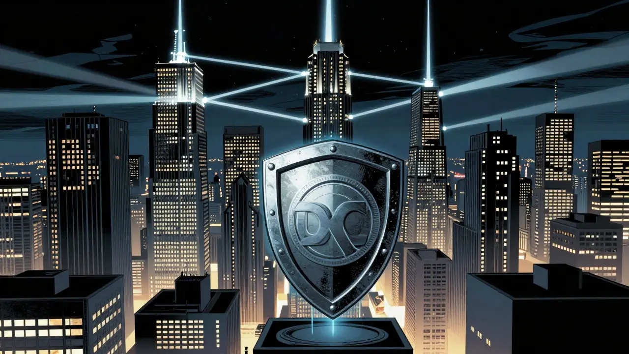 City towers connected by beams with a floating shield emblem