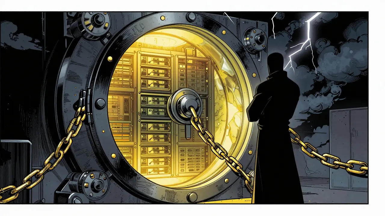 Crystalline vault guarded by silhouette in storm.