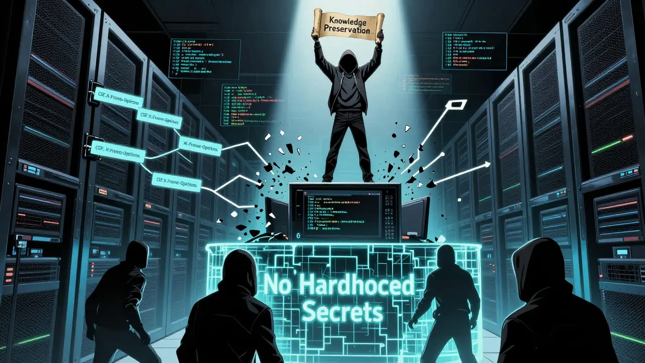 Developer standing atop a server as security headers lock into place, blocking hacker shadows with a 'No Hardcoded Secrets' firewall.