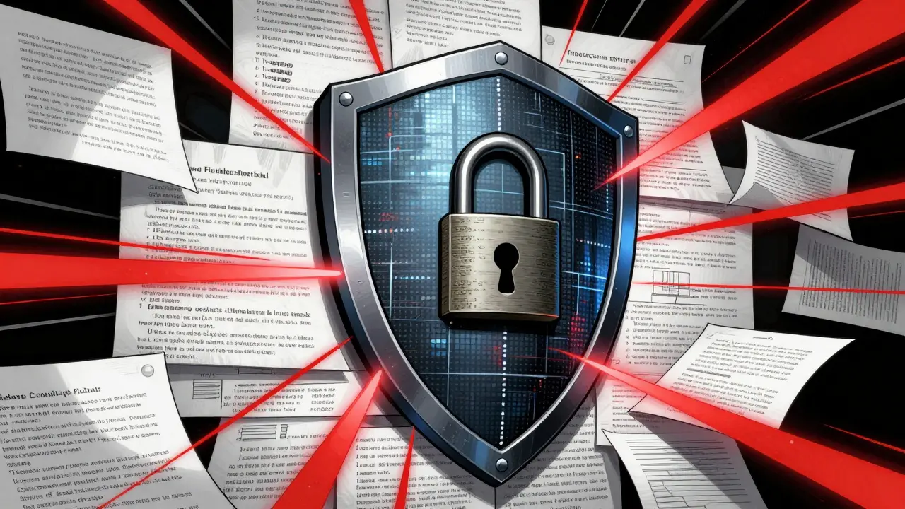 Digital fortress shield blocking red cyber threats and compliance breaches