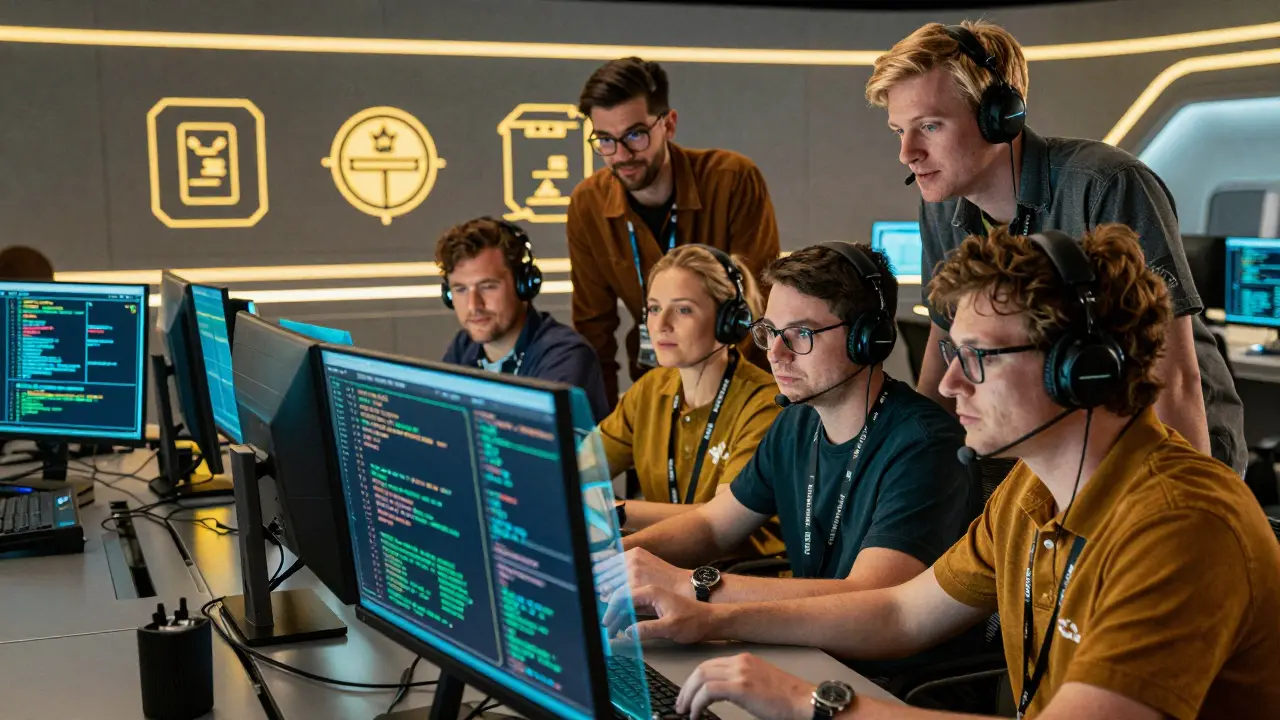 Diverse engineering team reviewing code in a secure high-tech command center