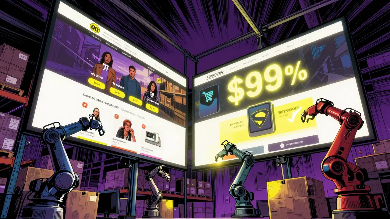 E-commerce warehouse with AI dynamically adjusting product recommendations on digital screens.