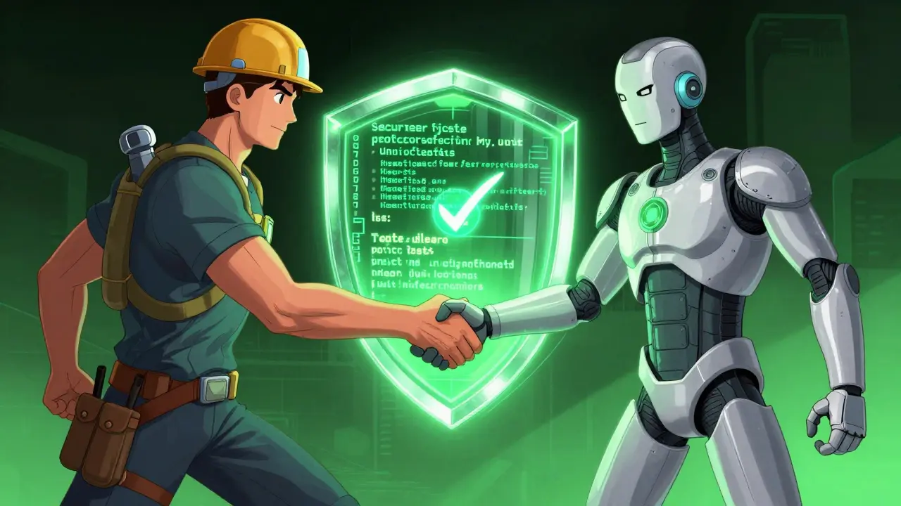 Engineer and AI avatar shaking hands over digital shield.