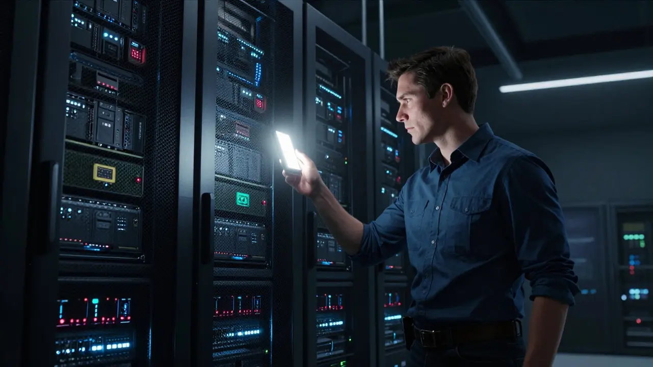 Engineer chooses small bright device over dark server towers.