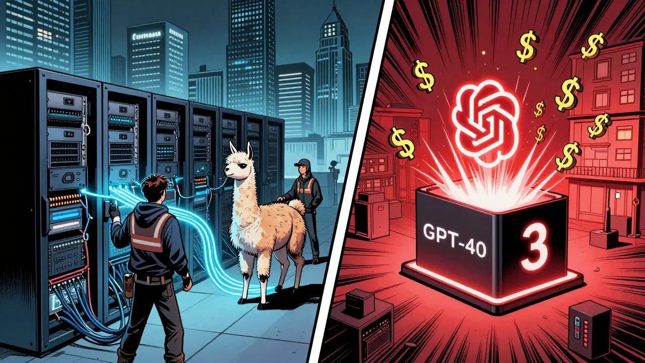 Engineers managing open-source AI servers versus a sleek API gateway with rising token costs, contrasting startup and corporate environments.