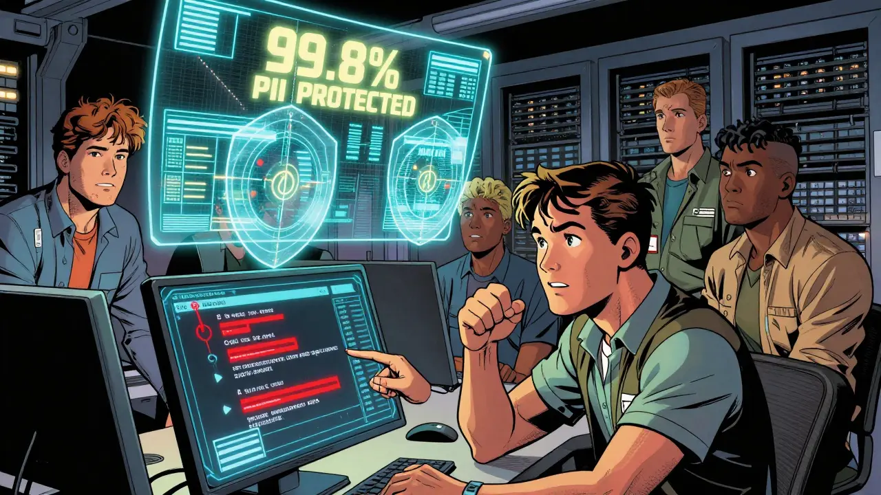 Engineers monitor a dashboard showing 99.8% PII protection as adaptive redaction shields glow around data streams.