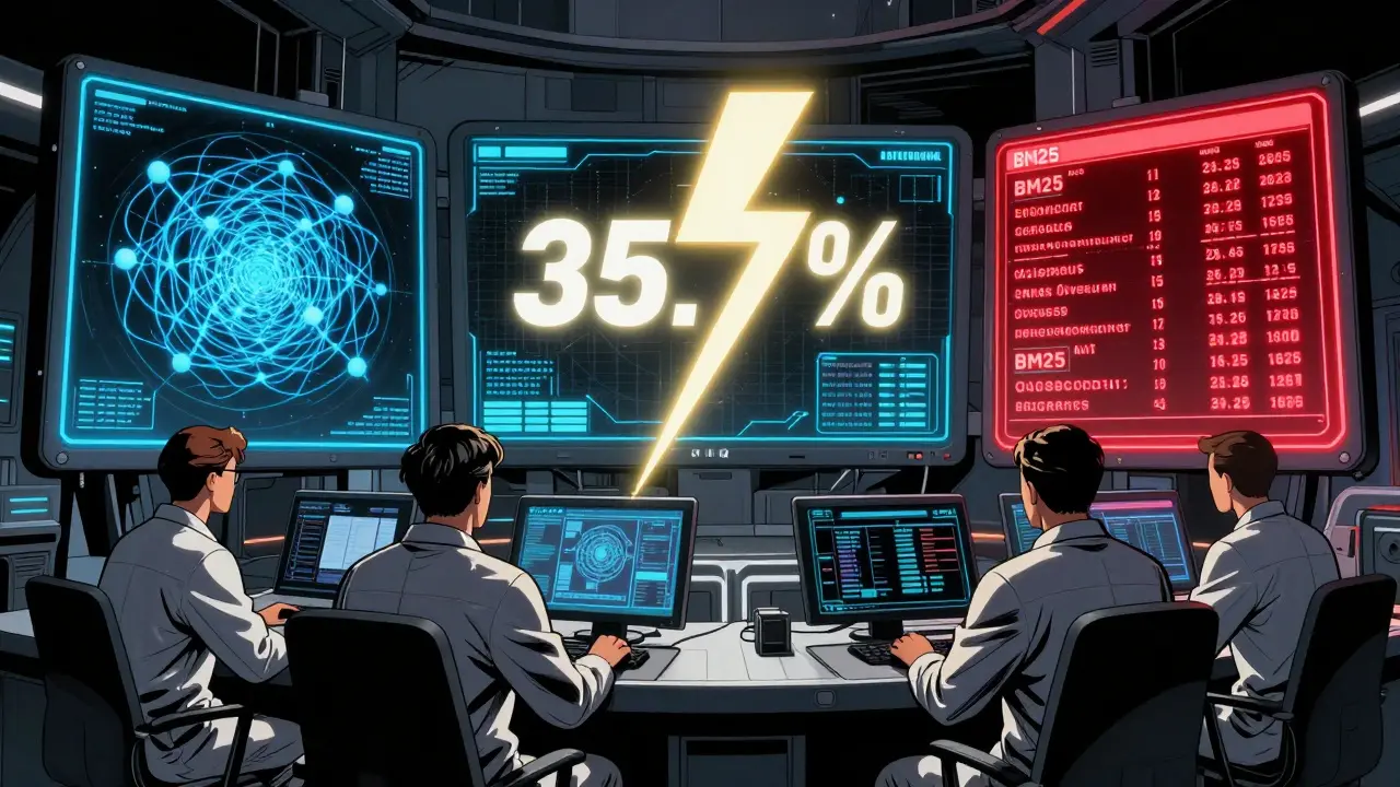 Engineers monitoring dual dashboards of vector embeddings and keyword scores, with a lightning bolt striking between them to show improved accuracy.