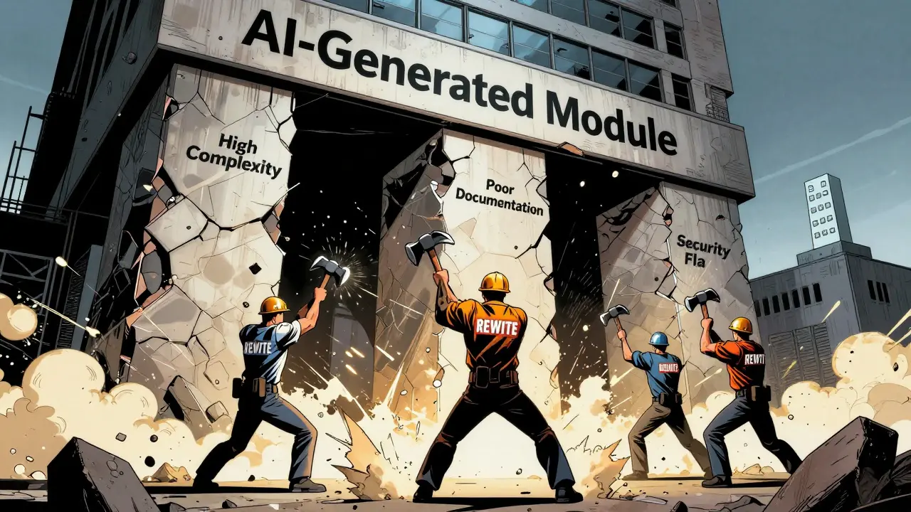 Engineers smash a crumbling AI module building with hammers labeled 'REWRITE' as a clean module rises behind.