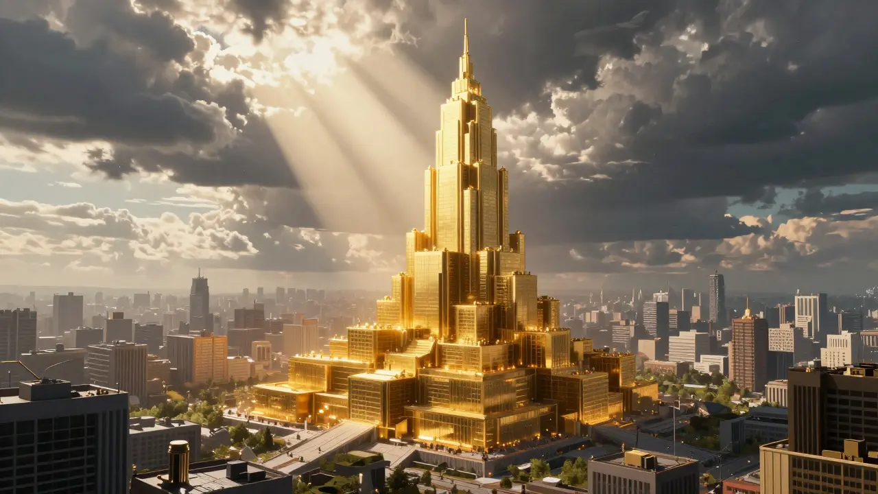 Golden fortress tower glowing over unstable city landscape at dawn