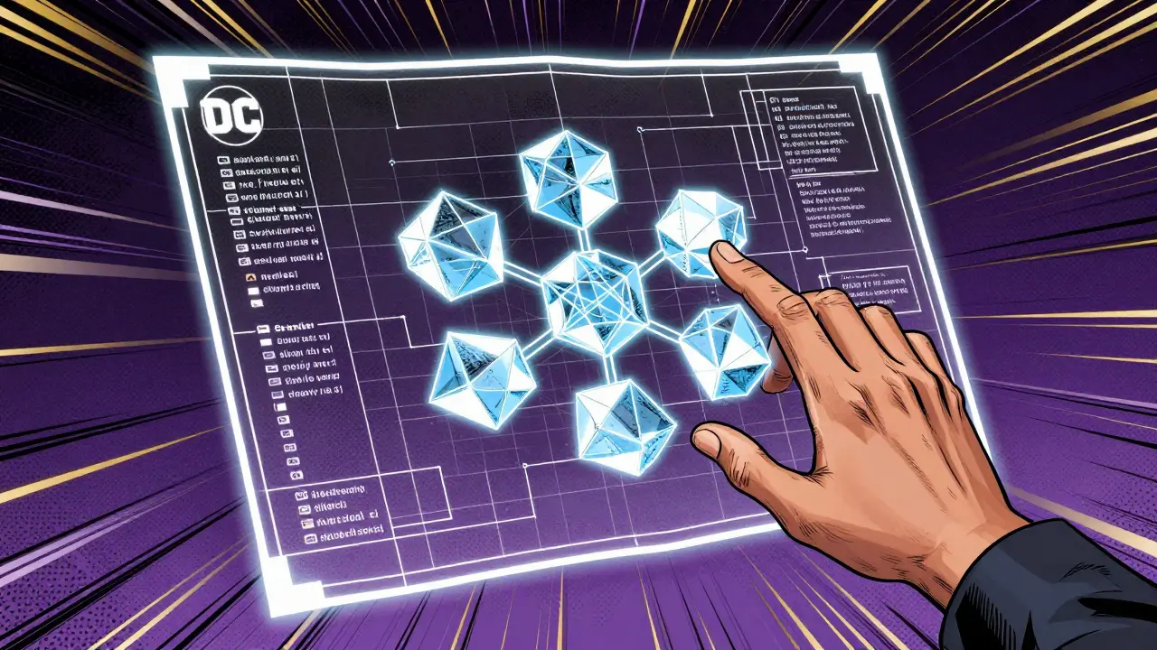 Hand arranging glowing data crystals into structured blueprint.