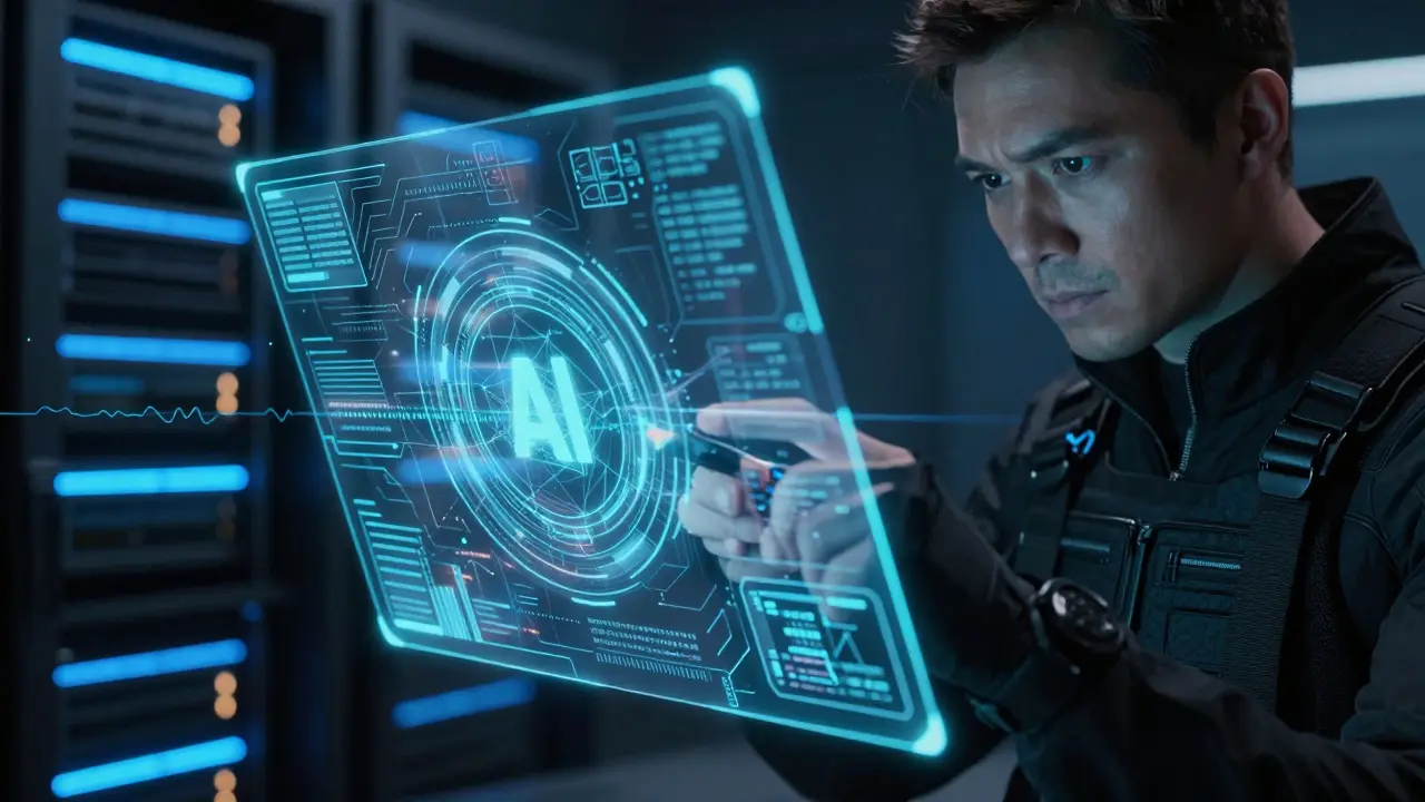 Investigator scanning digital hologram for hidden geometric patterns