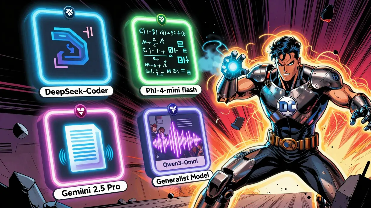 Specialized AI models as heroes with unique powers, floating alongside a failing generalist model in a futuristic toolkit.