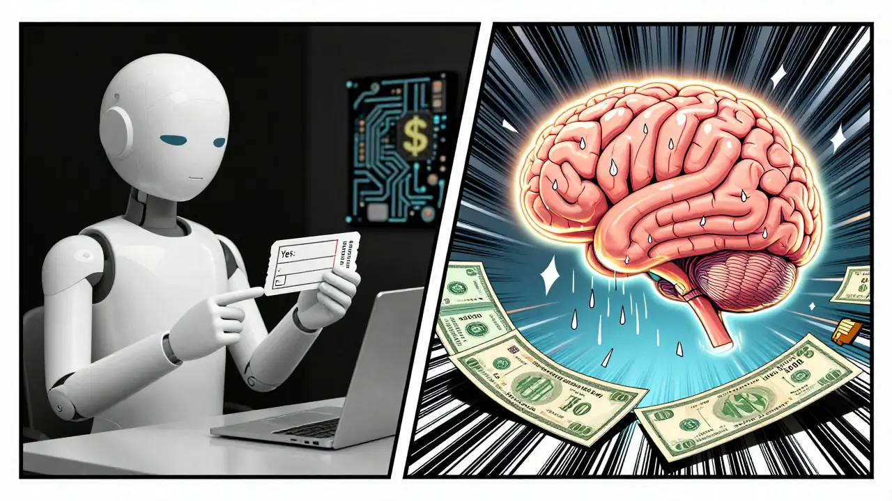 Split scene: a budget AI model processing a simple task vs a premium AI overwhelmed by thinking and output tokens.