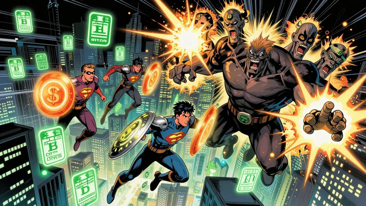 Superheroes battle a six-headed villain representing hidden AI costs in a digital city of floating tokens.