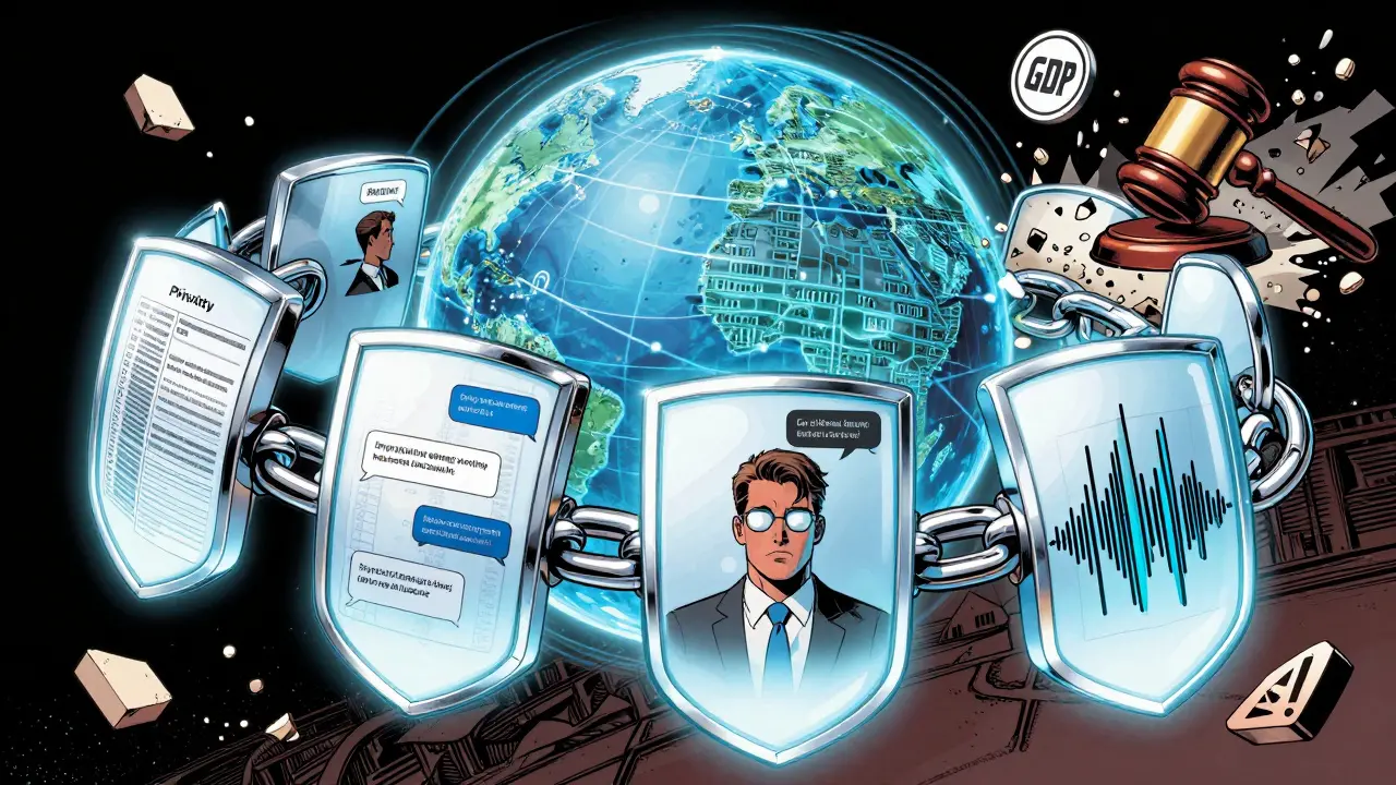 Synthetic data transforms across healthcare, finance, and chatbots, protected by unbreakable privacy shields while regulations crumble.