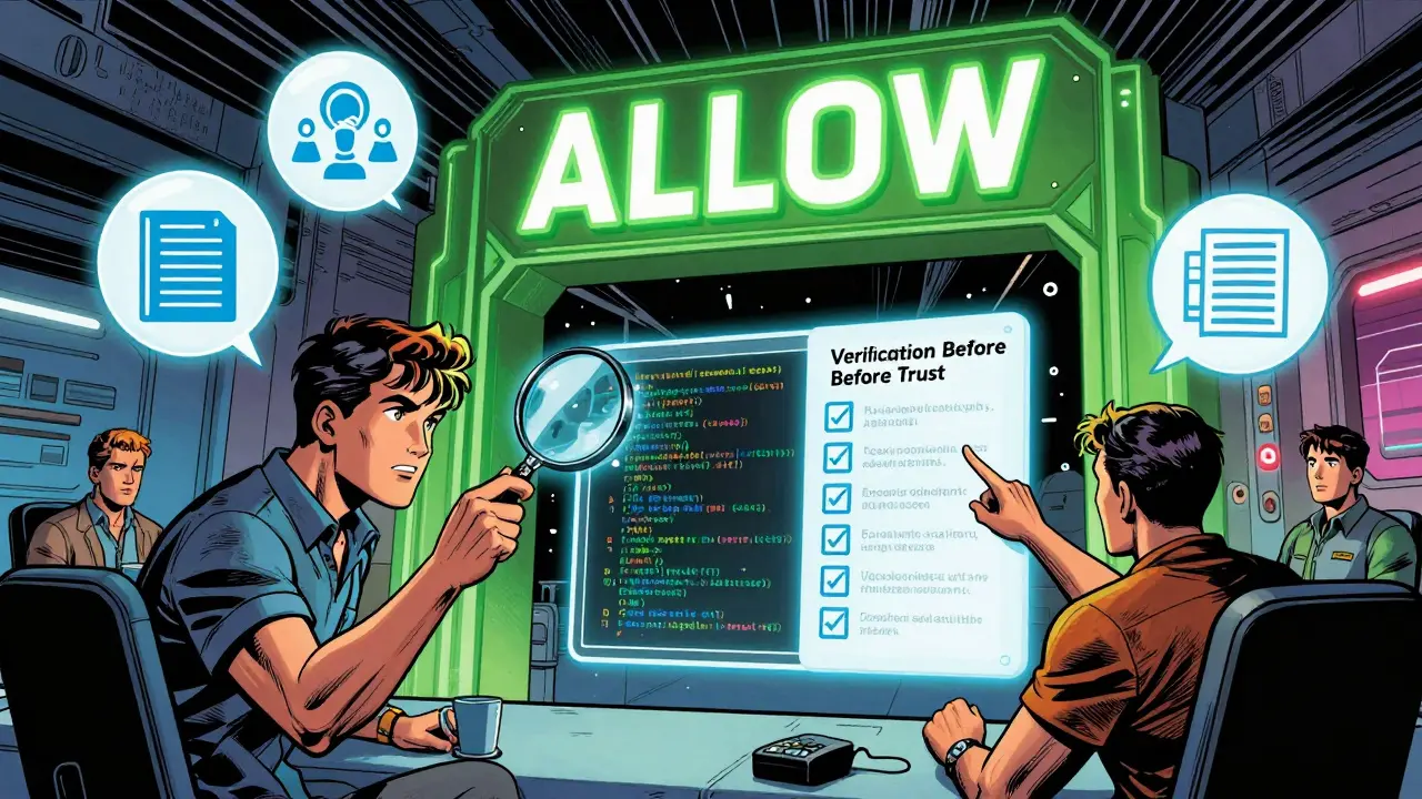 Team reviewing AI code under a checklist labeled 'Verification Before Trust' with secure elements glowing around them.