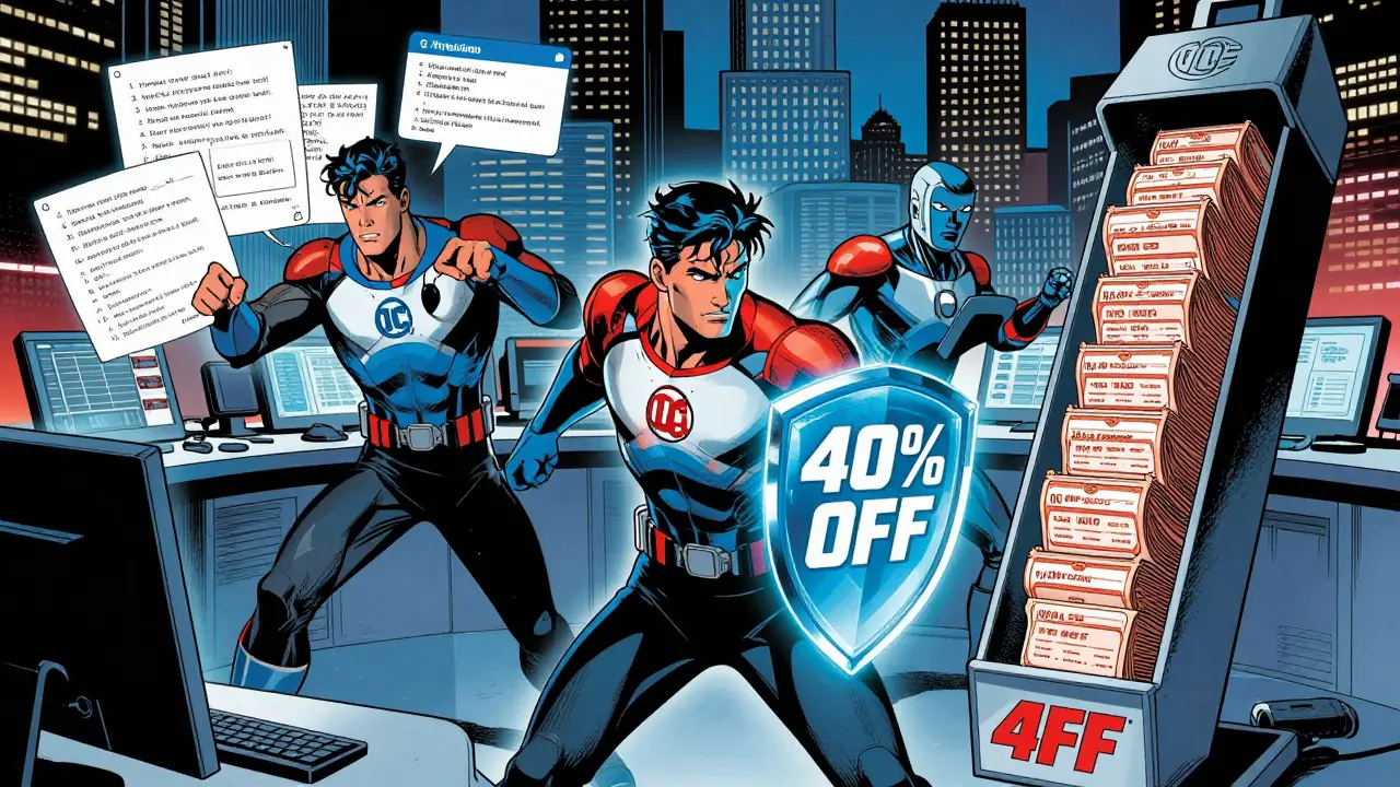 Tech team routing AI tasks, using caching and batch processing in a command center with neon lighting and comic action effects.