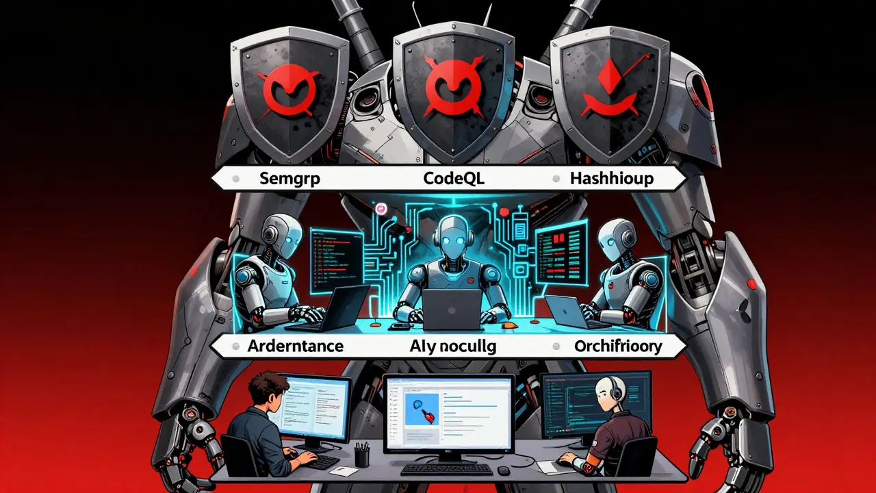 Three-layer AI architecture visualized as a mech suit with IDE, orchestration agents, and governance shields blocking threats.