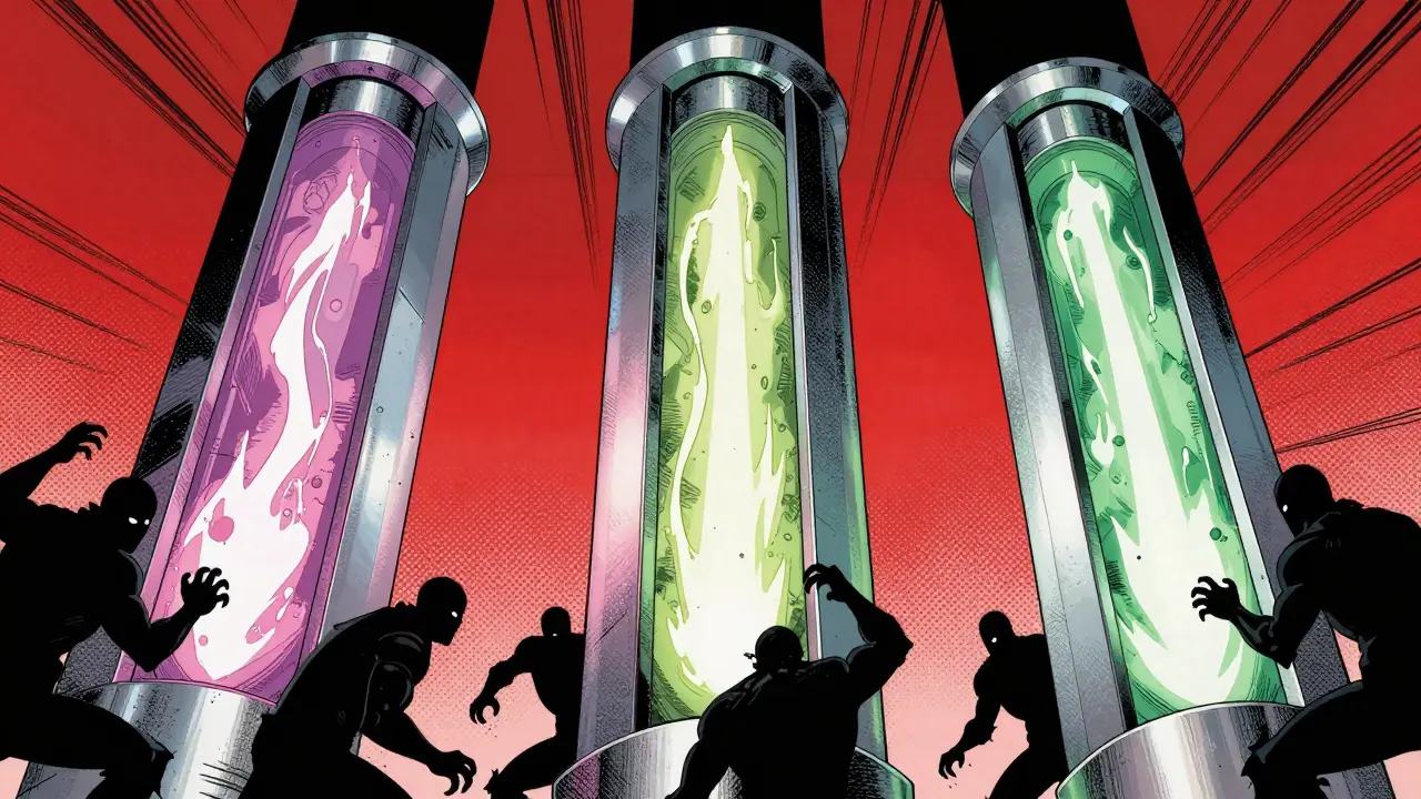 Three metal pillars shielding against digital glitches.