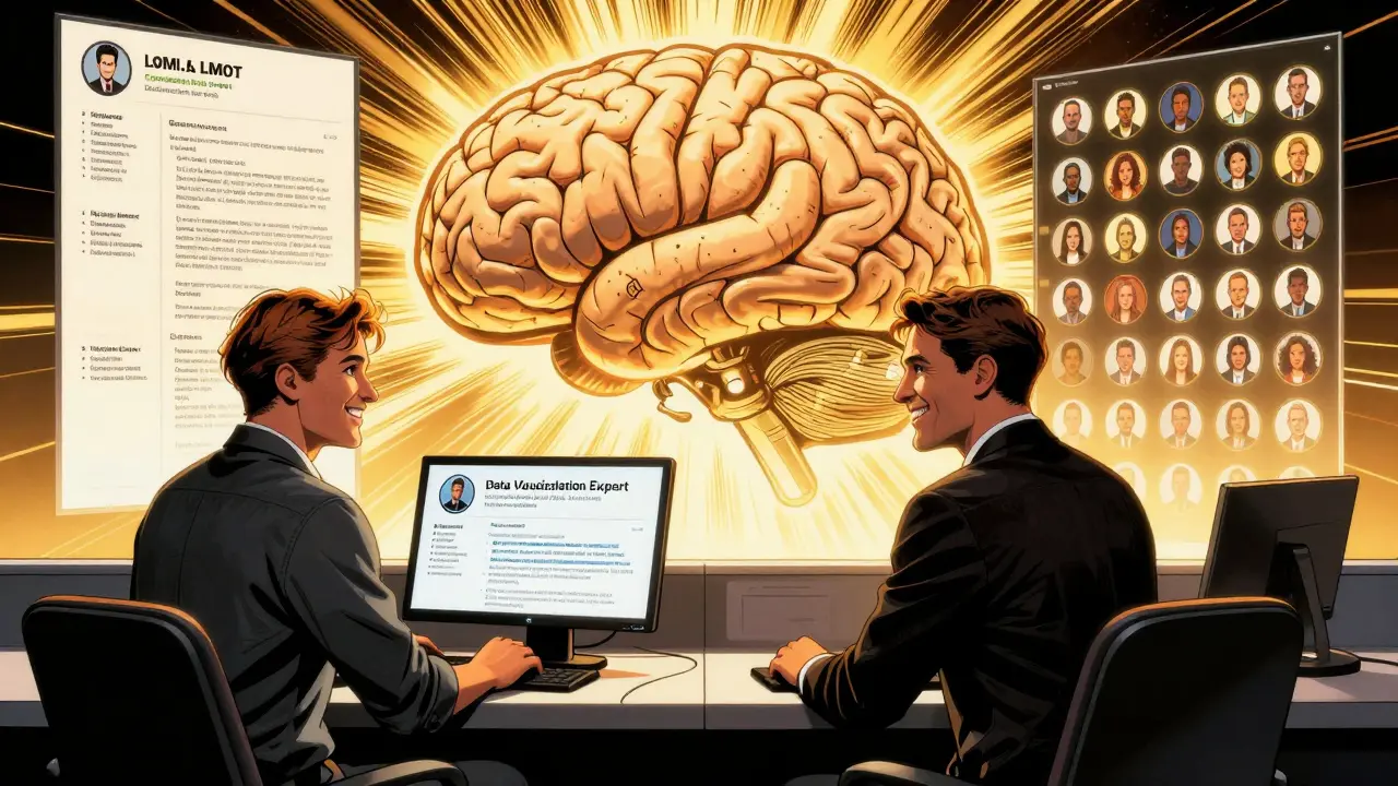 Two recruiters watch as an LLM processes thousands of resumes, highlighting skills like data visualization.