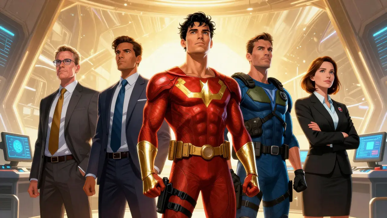 A cross-functional team of experts standing together in a futuristic command center.