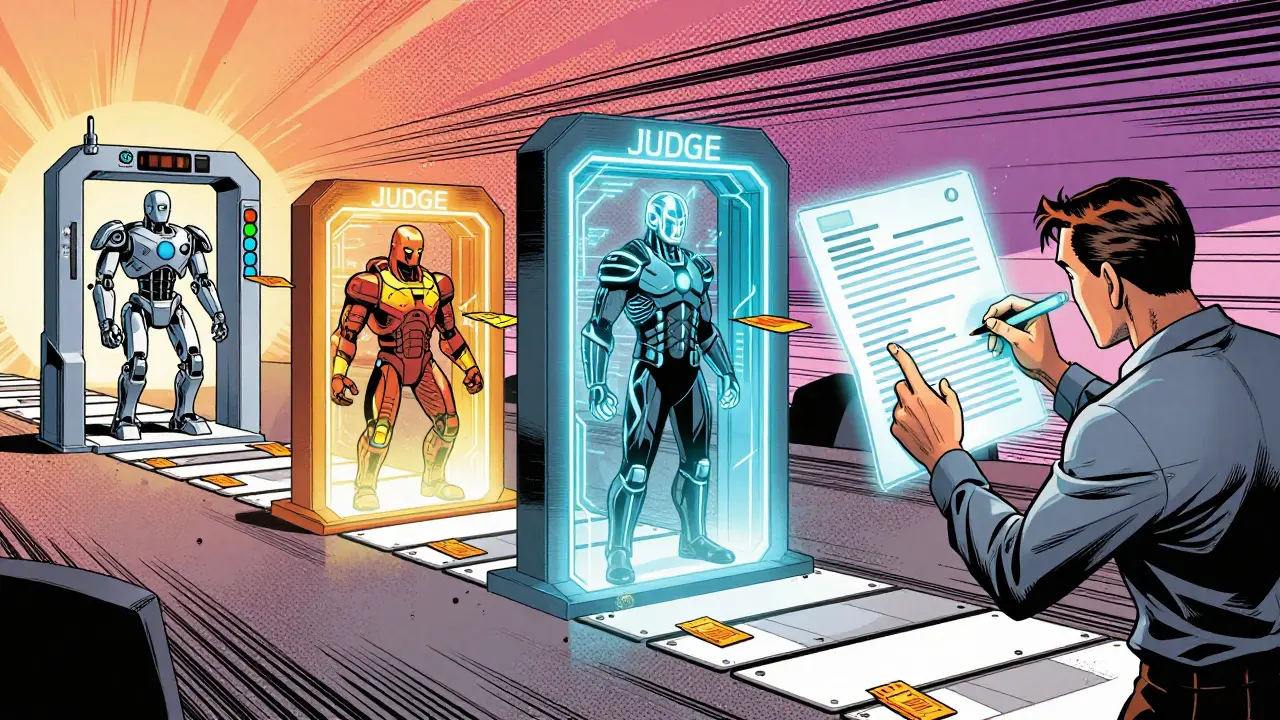 A data flow passing through automated gates and a human editor in a futuristic setting.