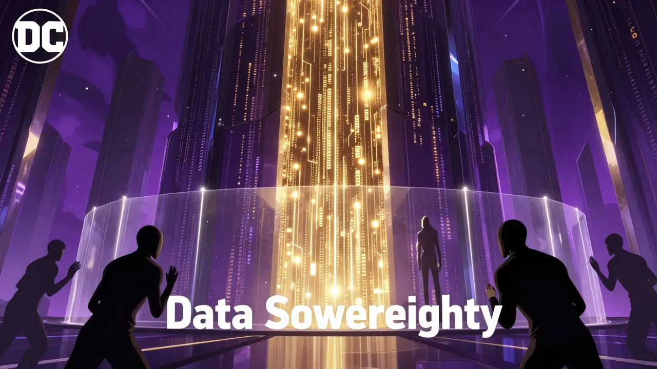 A digital fortress protecting a glowing data core from shadowy external entities.
