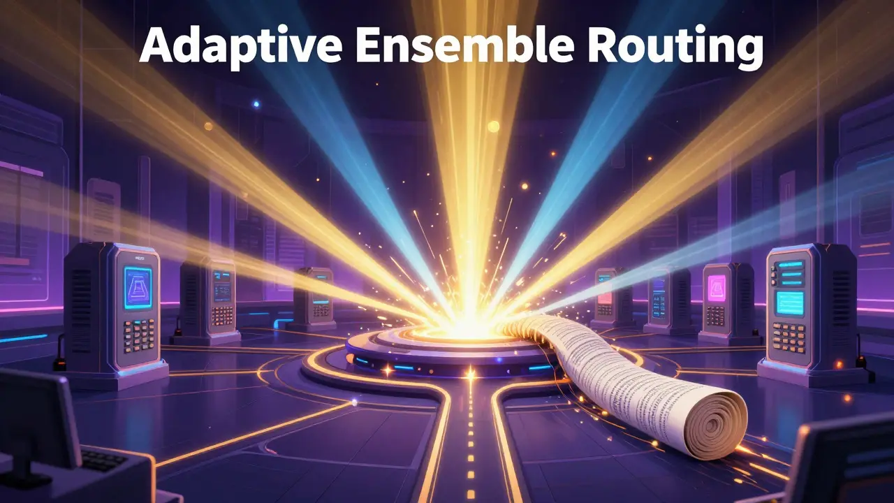 A futuristic AI routing system splitting a complex query among multiple processors