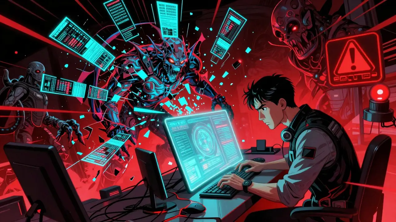 A glitching AI model causing digital chaos and hallucinations in a server room.