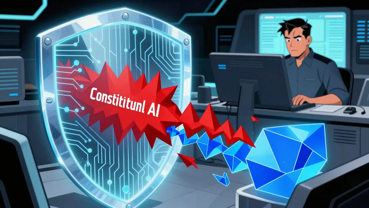 A high-tech digital shield filtering out distorted data in a comic book style.