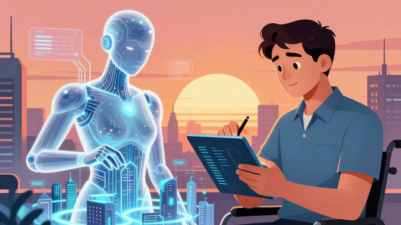 A human expert and a holographic AI entity collaborating to build an accessible digital interface.