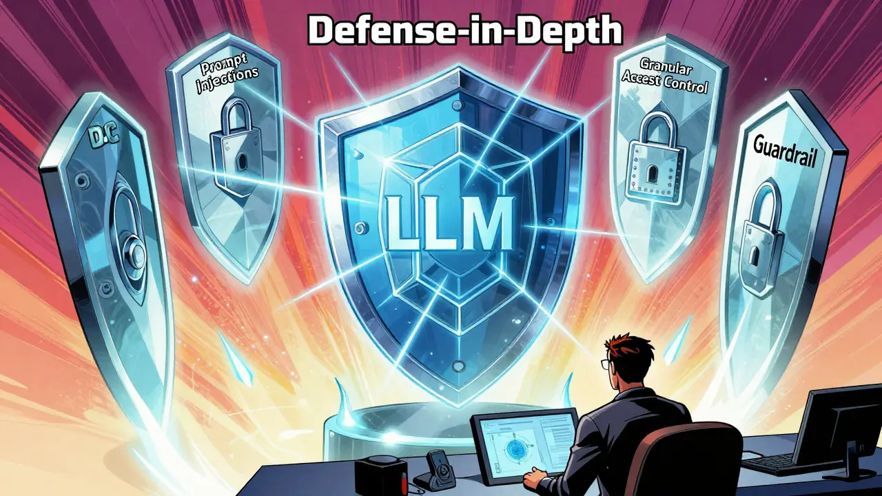 A protected AI core shielded by multiple glowing security layers in a comic book style.