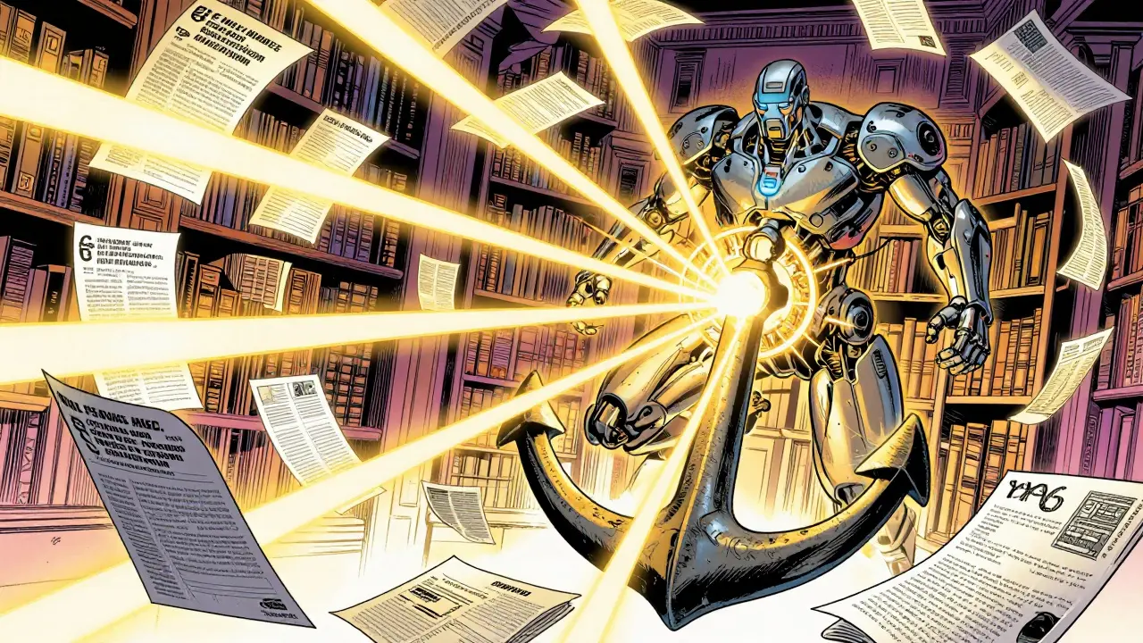 A robotic AI being anchored by glowing digital documents in a comic book style.