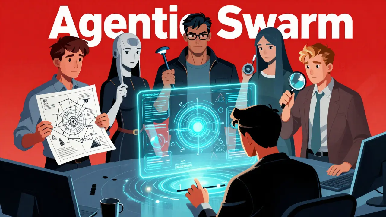 A team of specialized AI agents collaborating on a project under human supervision.