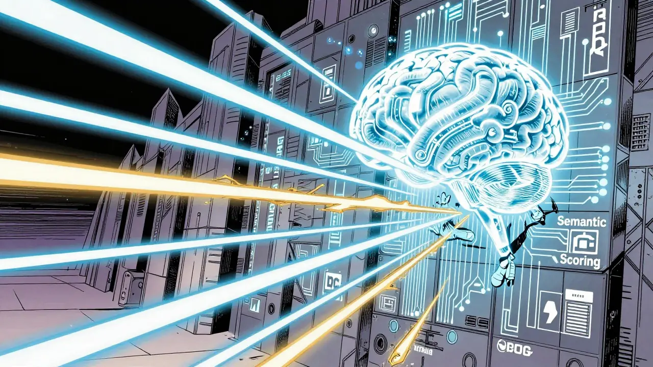 AI entity being blocked by a holographic RAG guardrail wall, DC Comics style.