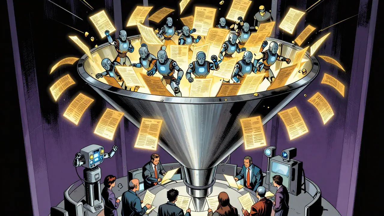 AI robots filtering documents through a tiered funnel to a small group of human experts.