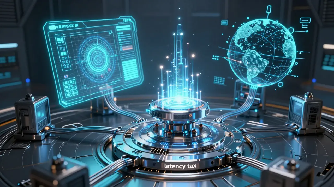 An AI core connecting to a holographic calculator and API map in a high-tech comic book setting