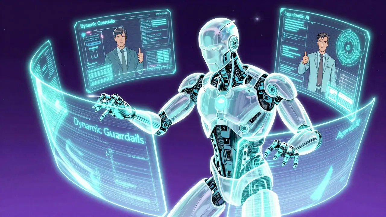 An autonomous AI agent operating within glowing, adaptive energy guardrails in comic style.